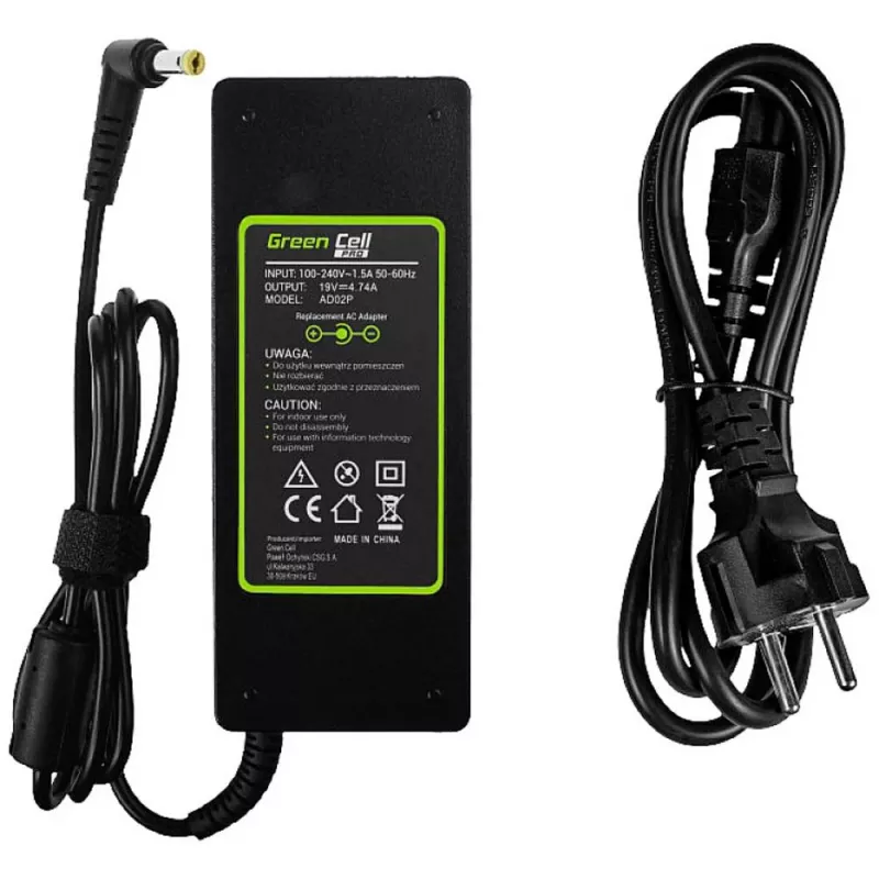 Laptop napájací zdroj Green Cell AD02P 90W 19V 4,74A AC-DC pre interiér čierny