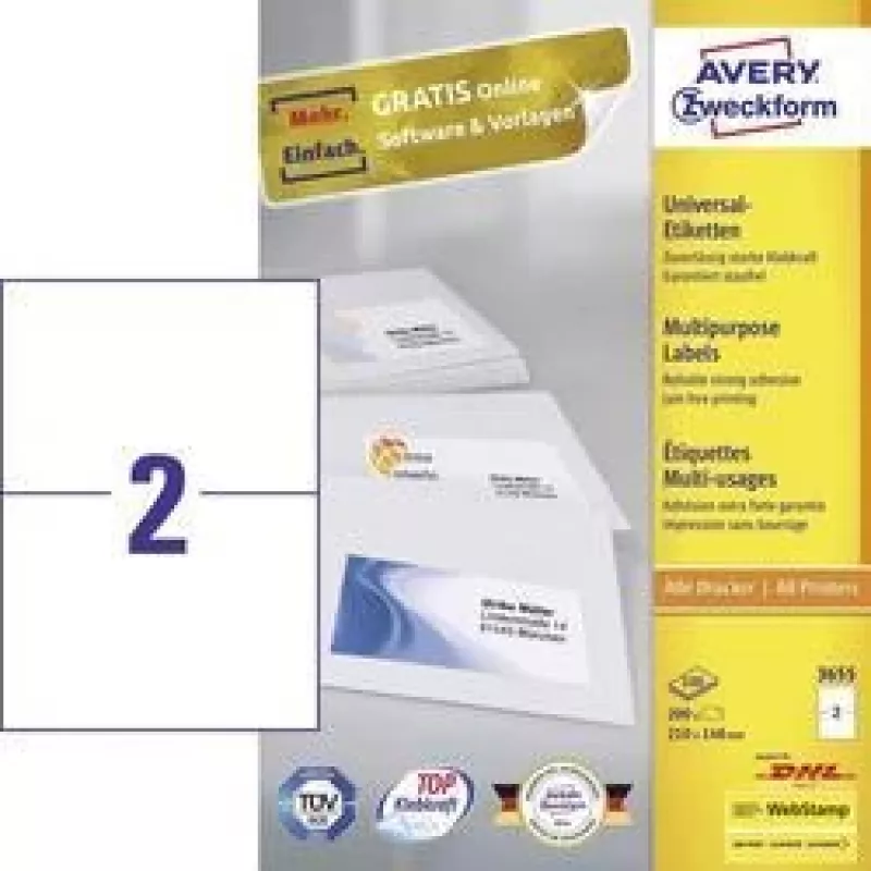 Avery 3655 Samolepiace etikety obdĺžnikové permanentné biele 200 ks