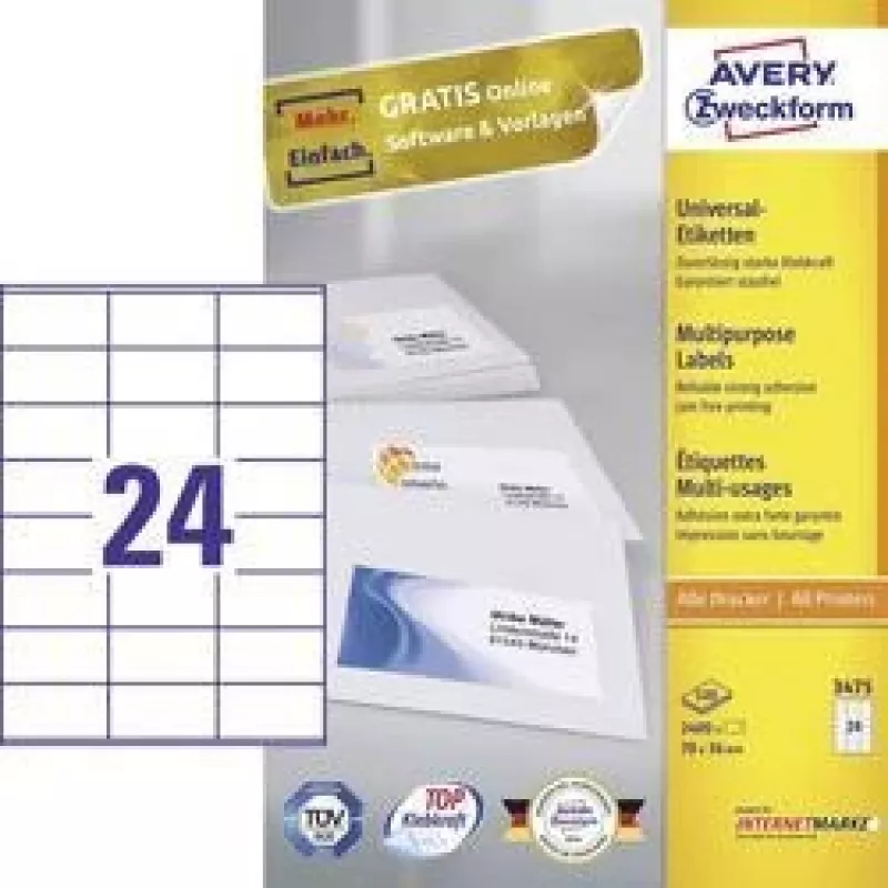 Avery Viacúčelové etikety Laser Kopírovanie Inkjet 24 na list 70x36mm