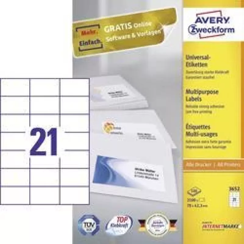 Avery - Etikety - biele - 42,3 x 70 mm, 2100 etikiet (100 listov x 21) (3652)