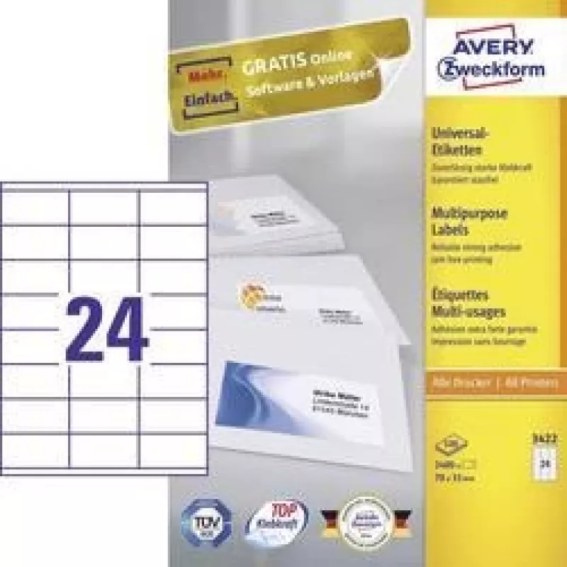 Univerzálne etikety 70x35mm InkjetLaserCopy A4 100 listov 2400 ks biele