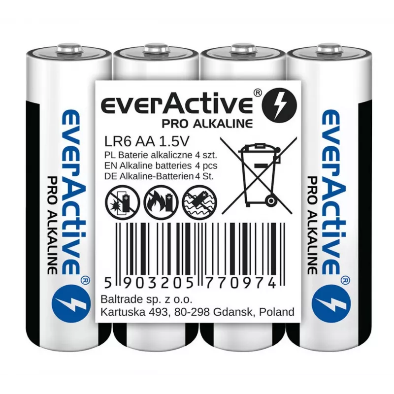 Alkalické batérie everActive LR6 AA 4 ks balenie — 1,5 V, 3000 mAh, 50,5 × 14,5 mm