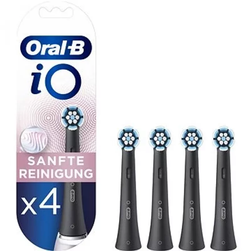 Nástavné kefky Oral-B iO Gentle Care — balenie 4 ks, čierne náhradné kefky