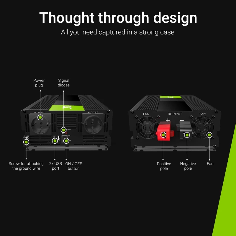 Menič napätia Green Cell INV10 2000 W, 12 V DC na 230 V AC, výstup Type-C, 50 Hz, čierna