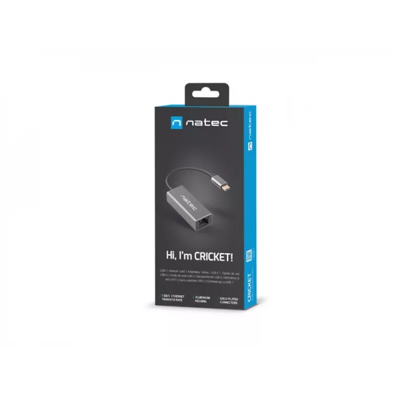Natec Cricket NNC-1925 ethernetový adaptér USB-C 3.1 Gen 1 na RJ45, 1000 Mbit/s, kábel 15 cm, hliník, sivý