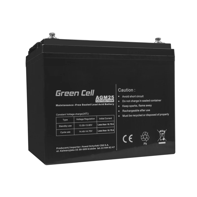 Uzavretá olovená UPS batéria Green Cell AGM25 12 V 75 Ah, VRLA, 75 Ah, 12 V, 21,3 kg
