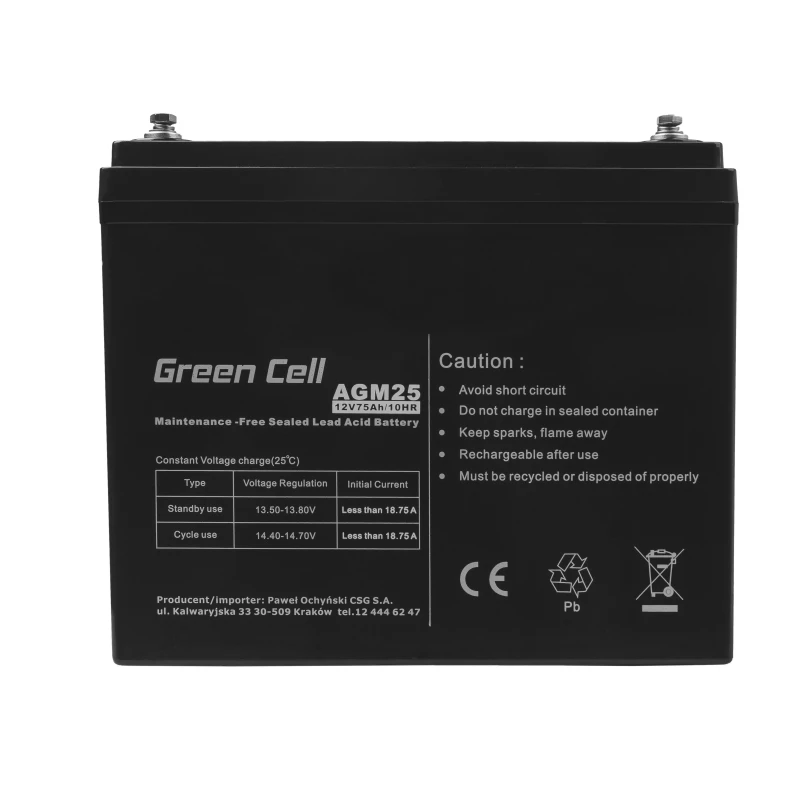 Uzavretá olovená UPS batéria Green Cell AGM25 12 V 75 Ah, VRLA, 75 Ah, 12 V, 21,3 kg