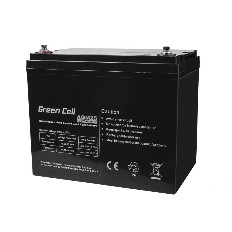 Uzavretá olovená UPS batéria Green Cell AGM25 12 V 75 Ah, VRLA, 75 Ah, 12 V, 21,3 kg