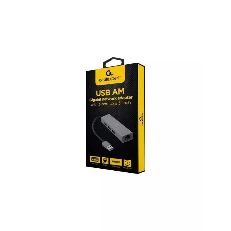 Gembird A-AMU3-LAN-01 adaptér USB-A na Gigabit LAN s 3-portovým USB 3.0 hubom, čierny