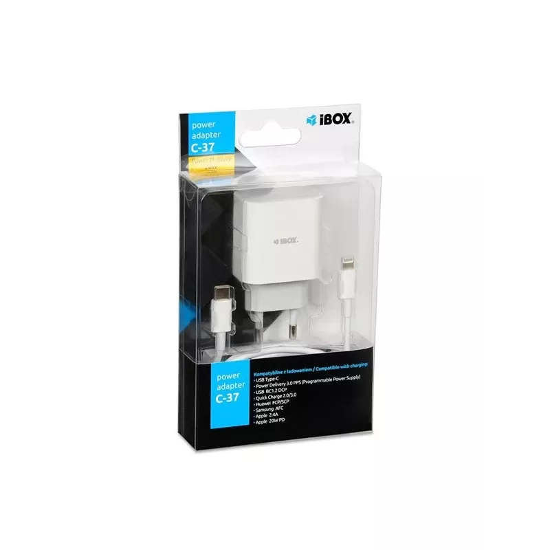 Interiérová USB Type-C rýchlonabíjačka IBOX C-37, 20W, USB‑C PD 3.0, 3 A výstup, biela