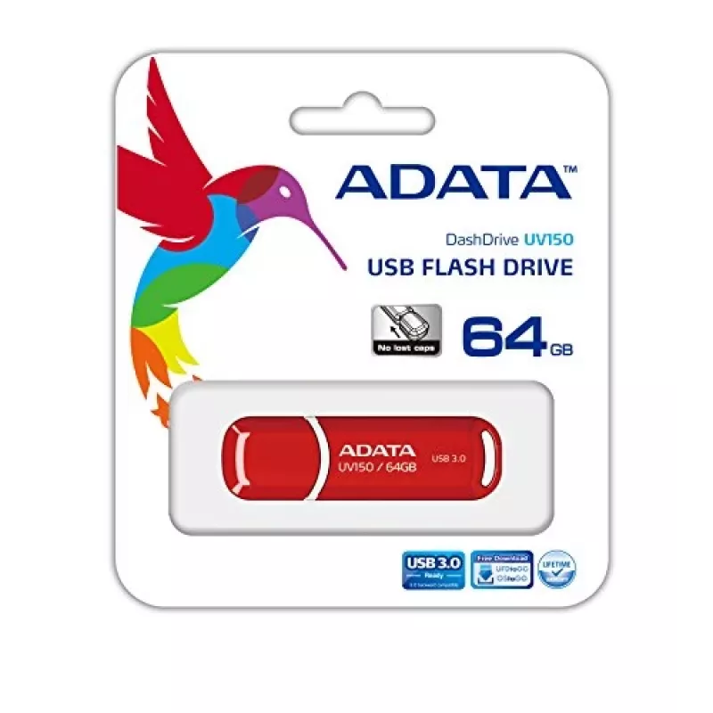 USB kľúč ADATA DashDrive UV150 64 GB, USB Type-A 3.2 Gen 1, Červená, s krytkou