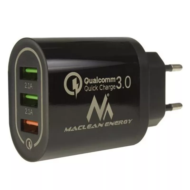 USB nástenná nabíjačka MACLEAN MCE479B — 3x USB porty, 18W celkový výkon, kompaktná