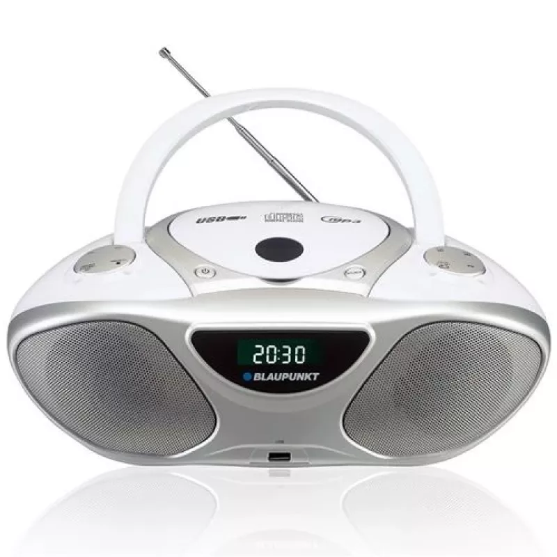 CD rekordér BLAUPUNKT BB14WH — CD rekordér s prehrávaním MP3, USB, LCD, hodiny, 2x1 W reproduktory, strieborná/biela