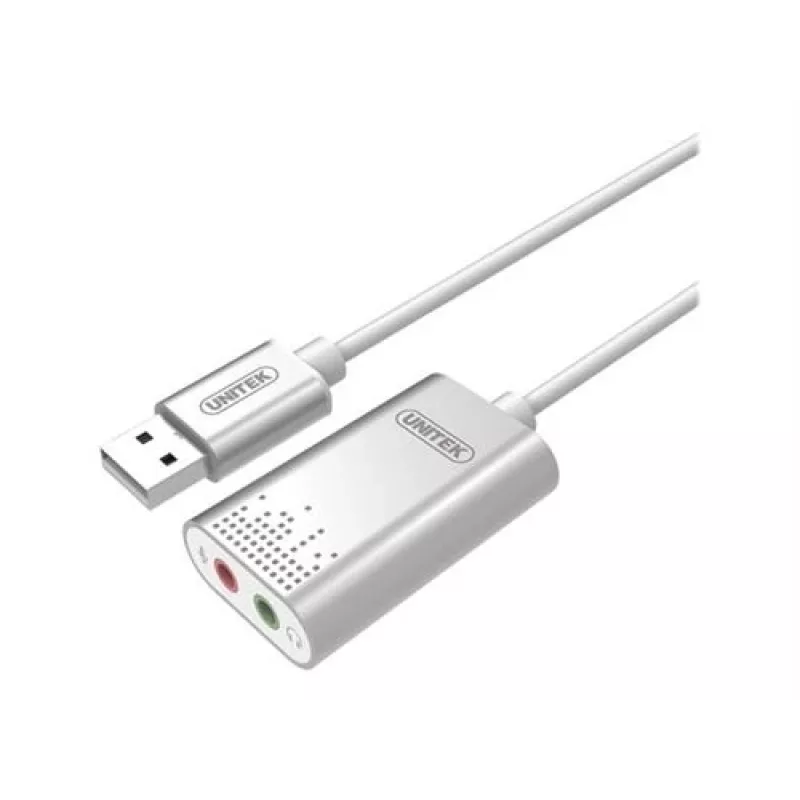 Unitek Y-247A USB stereo zvuková karta, USB 2.0 typ A na 2x minijack 3,5 mm, hliník, 47 x 28 mm, strieborná