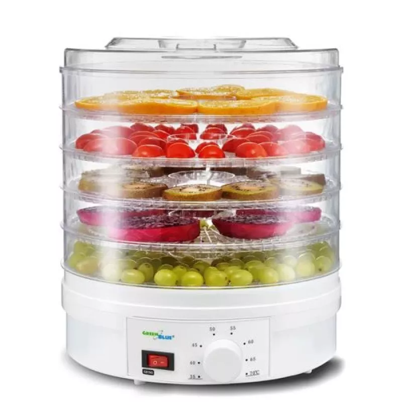 GreenBlue GB190 sušička na huby, zeleninu a ovocie, 5 sít, 250 W, nastaviteľná teplota 35–70 °C, biela