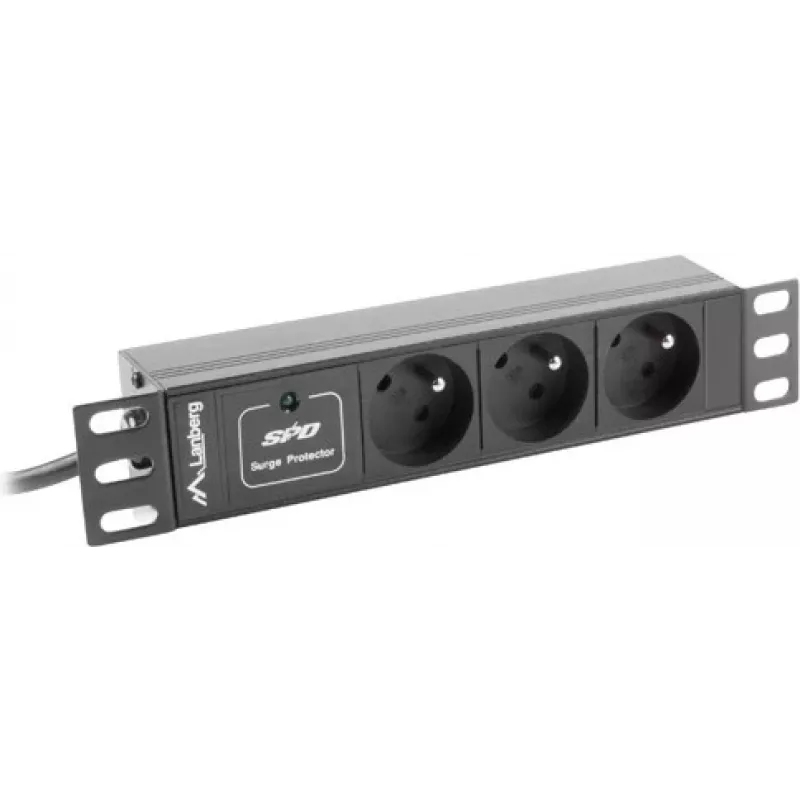 Predlžovacia zásuvka LANBERG PDU-03E-0200-BK — 1HE, 3x Type-E zásuvky, 220–250 V, 16 A, 2 m kábel, čierna
