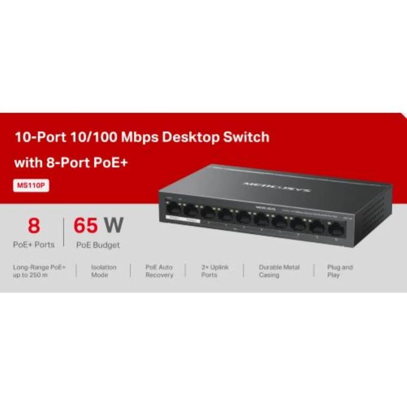 Switch Mercusys MS110P 10 portov 10/100Mbps POE+ 8 portov (verzia 1.0)