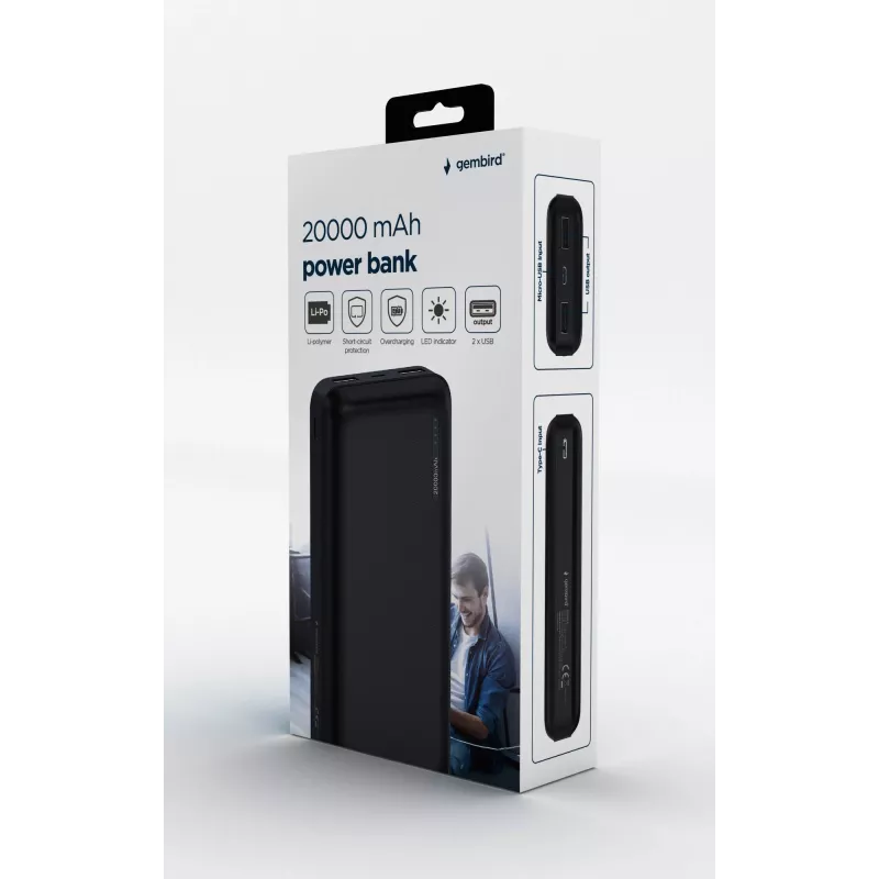 Gembird PB20-02 powerbanka lítium-polymérová (LiPo) 20000 mAh čierna
