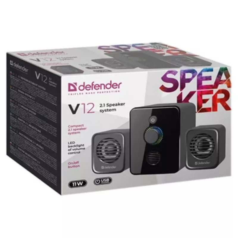 Defender V12 65212 počítačové reproduktory 2.1, 11 W, subwoofer 5 W, napájanie cez USB, LED podsvietenie, čierne, 115 x 130 x 223 mm