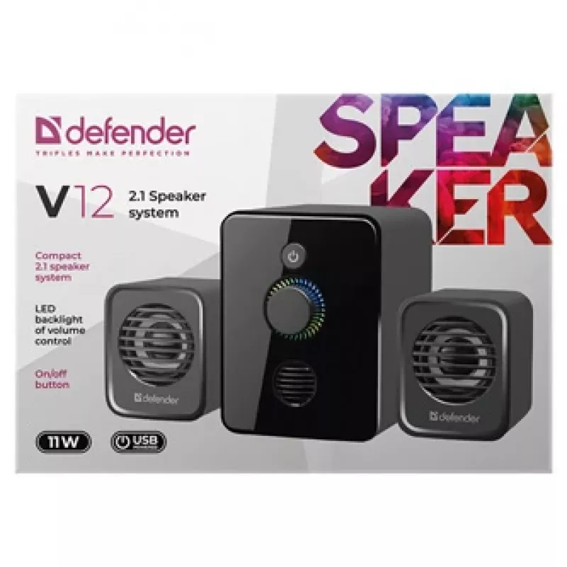 Defender V12 65212 počítačové reproduktory 2.1, 11 W, subwoofer 5 W, napájanie cez USB, LED podsvietenie, čierne, 115 x 130 x 223 mm