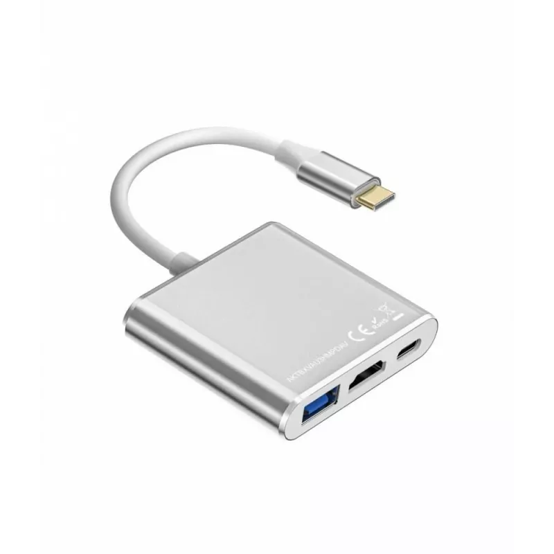 USB-C-Adapter-Hub TB AKTBXVAU3HMPDAV — 3-in-1: HDMI + USB-A + USB-C PD, strieborná