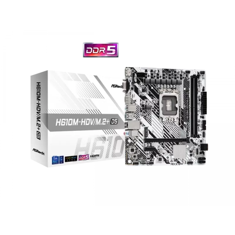 ASRock H610M-HDV/M.2+ D5 základná doska, Intel H610, LGA 1700, Micro-ATX, 2x DDR5 DIMM (max. 96 GB), PCIe 4.0 x16, 1x M.2, 4x SATA III, HDMI, DisplayPort, VGA, USB-C 3.2 Gen 1, Gigabit LAN