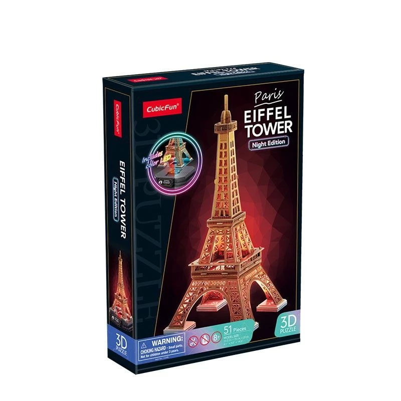 3D puzzle Cubicfun Eiffelova veža nočná edícia LED od cubicfun model 306-L534H – osvetlené architektonické 3D puzzle