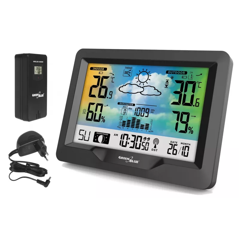 Hygrometer teplomer GreenBlue GB540 — interiérový 0–50°C / exteriérový -20–65°C, DCF hodiny, vonkajší senzor 60 m, čierny