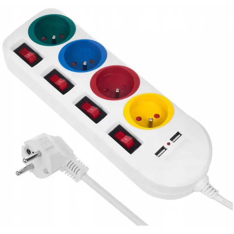 Predlžovacia zásuvka MACLEAN MCE229W — 4 zásuvky, 2× USB, 1,5 m kábel, Typ F, 10 A, biela