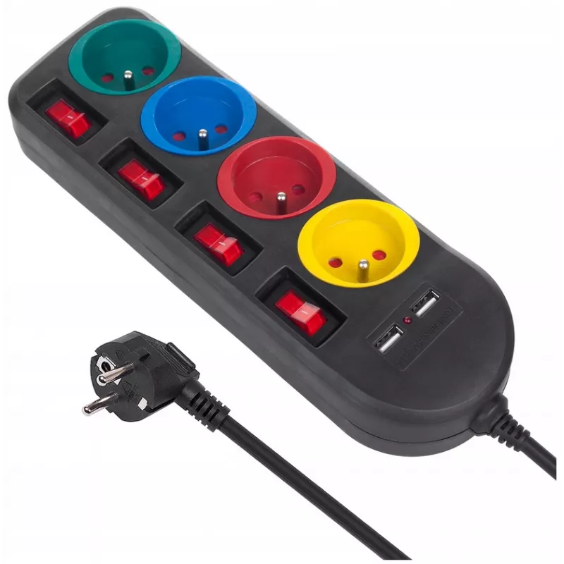 Predlžovacia zásuvka MACLEAN MCE229B — 4 AC zásuvky, 2× USB-A, 1,5 m kábel, 10 A, Typ F, interiér, čierna