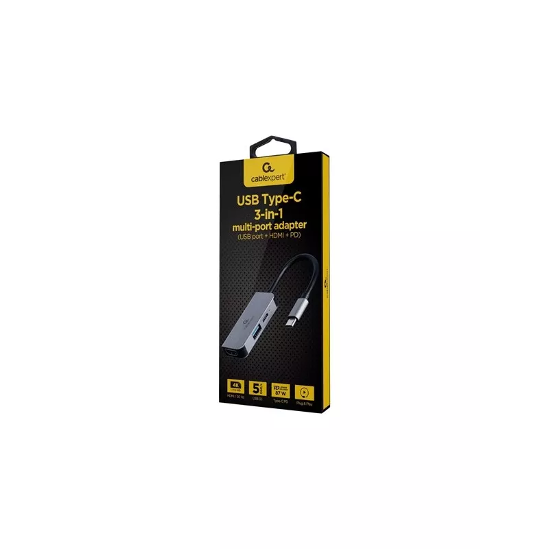 Gembird A-CM-COMBO3-02 viacportový adaptér USB-C 3 v 1, rozbočovač USB 3.2 Gen 1, HDMI 4K, USB-C PD 87 W, strieborný