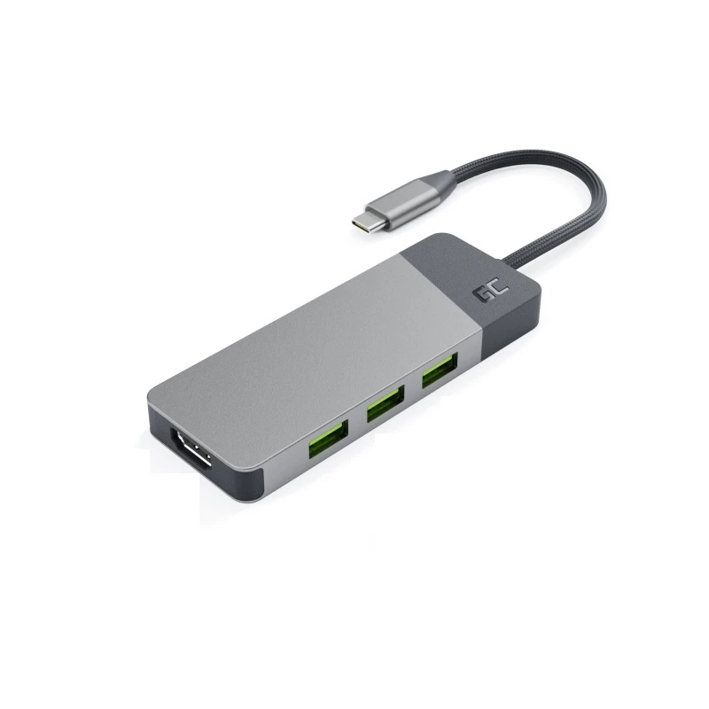 USB‑Type‑C hub Green Cell HUBGC01 — 7 portov: 3×USB‑A 3.2 Gen 1, 1×USB‑C 3.2 Gen 1, HDMI, microSD+SD čítačka kariet — strieborný