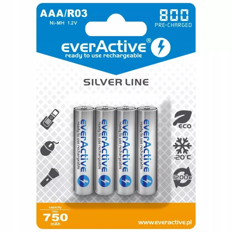 Nabíjacie AAA NiMH batérie everActive EVHRL03-800 – 1,2 V, 4 ks, valcové 44,5×10,5 mm