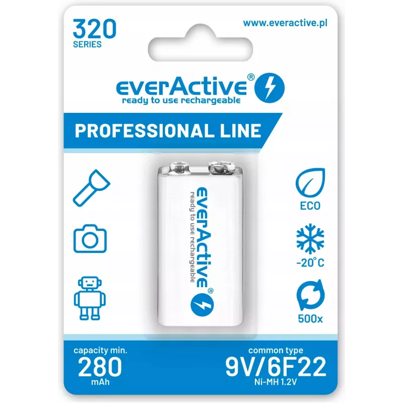Nabíjateľná batéria everActive EVHRL22-320 9V NiMH hranolová 8,4V, 55 g, 48,5 mm