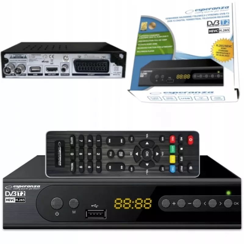 Set-Top-Box ESPERANZA EV106R káblový tuner DVB-T2 / DVB-C HEVC H.265, HDMI, USB, PVR, Dolby Digital, 174–790 MHz, čierny