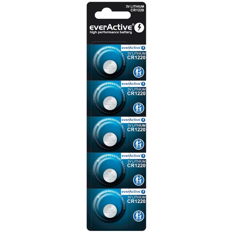 Gombíková lítiová batéria everActive CR1220 — 3V, 40 mAh, 12,5×2 mm, jednorazová, 5 ks