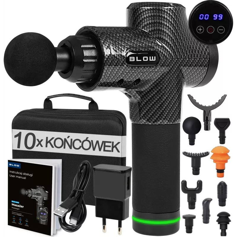 BLOW Wave 4000 44-340# masážna pištoľ, 30 rýchlostí, 10 nadstavcov, 100 W, dotykový LCD displej, USB-C, čierna