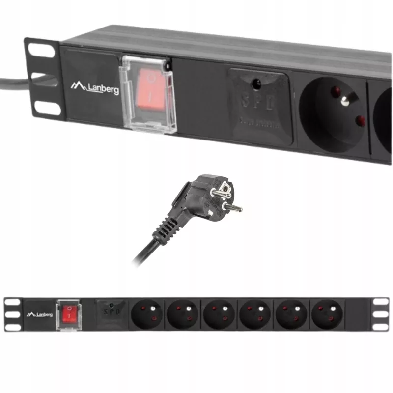 Rozvodná jednotka LANBERG PDU-06E-0200-BK — 6x výstupy typu E, 16 A, kábel 2 m, 1U rack, 220–250 V