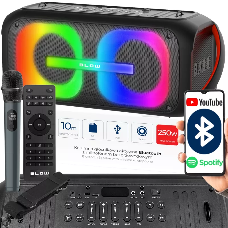 BLOW DJBOX 30-392# Bluetooth reproduktor 250 W s diaľkovým ovládaním a mikrofónom, USB, microSD, AUX, TWS, vstavaná batéria, čierny