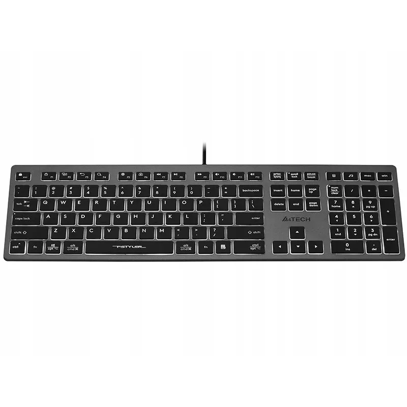 Káblová A4Tech klávesnica FX60H USB QWERTY – Full-Size 100%, podsvietená biela, sivá, USB hub