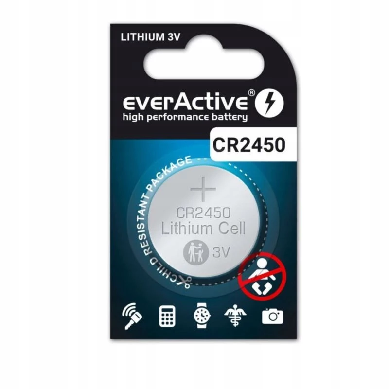Gombíková lítiová batéria everActive CR2450, 3 V, výška 5 mm — balenie 5 ks