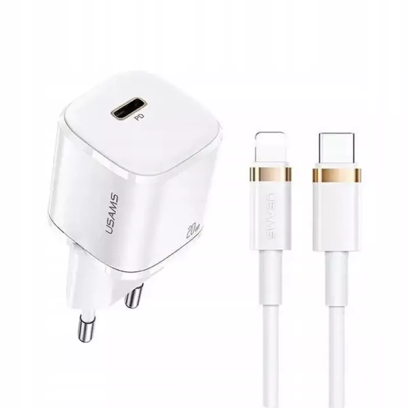 USAMS T36 Mini USB-C sieťová nabíjačka, 20 W, PD 3.0, s 1 m USB-C na Lightning káblom