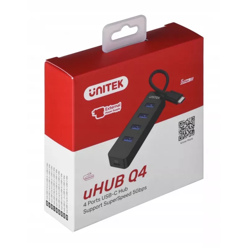 USB hub Unitek uHUB Q4 – 4-portový USB 3.2 Gen 1 (Type-A) hub, USB-C host, 5 Gbit/s, 10 W, čierny