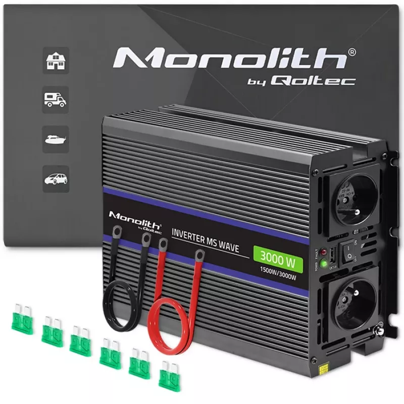 Invertor QOLTEC Monolith 3000 MS Wave, 12V→230V, 1500/3000W, s USB