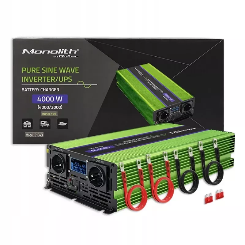 Qoltec Monolith menič napätia | nabíjanie batérie | UPS | 2000W | 4000W | 12V na 230V | čistá sínusovka | LCD čierno-zelený