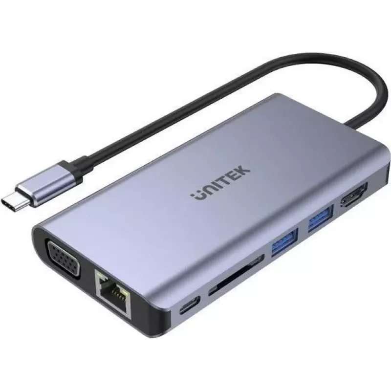 UNITEK uHUB O8+ káblový USB 3.2 Gen 1 Type-C hub, sivý, 100W Power Delivery