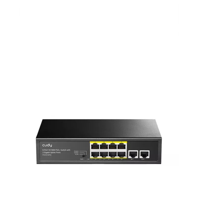 Sieťový switch Cudy FS1010PG — 10/100 Mbps, 8 PoE portov, 2 Uplink, 120W PoE rozpočet, kovové puzdro