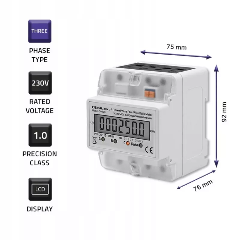 Trojfázový elektronický merač energie QOLTEC 50900 400V LCD 4P