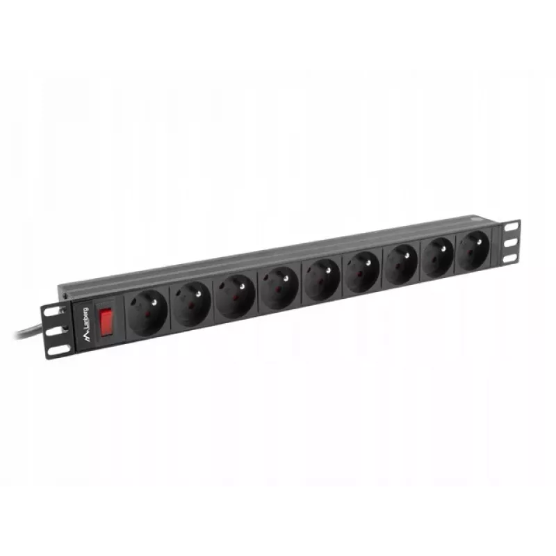 Napájacia rozvodná jednotka LANBERG PDU-09E-0300-BK — 9x zásuvky typ E, 16 A, 220–250 V, 3 m kábel, 1U rack, 19 inch