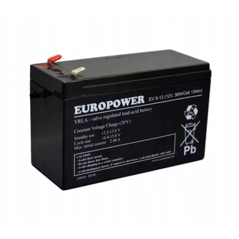 Olovená uzavretá batéria europower EV 12-9 — 12 V 9 Ah pre UPS a záložné napájanie